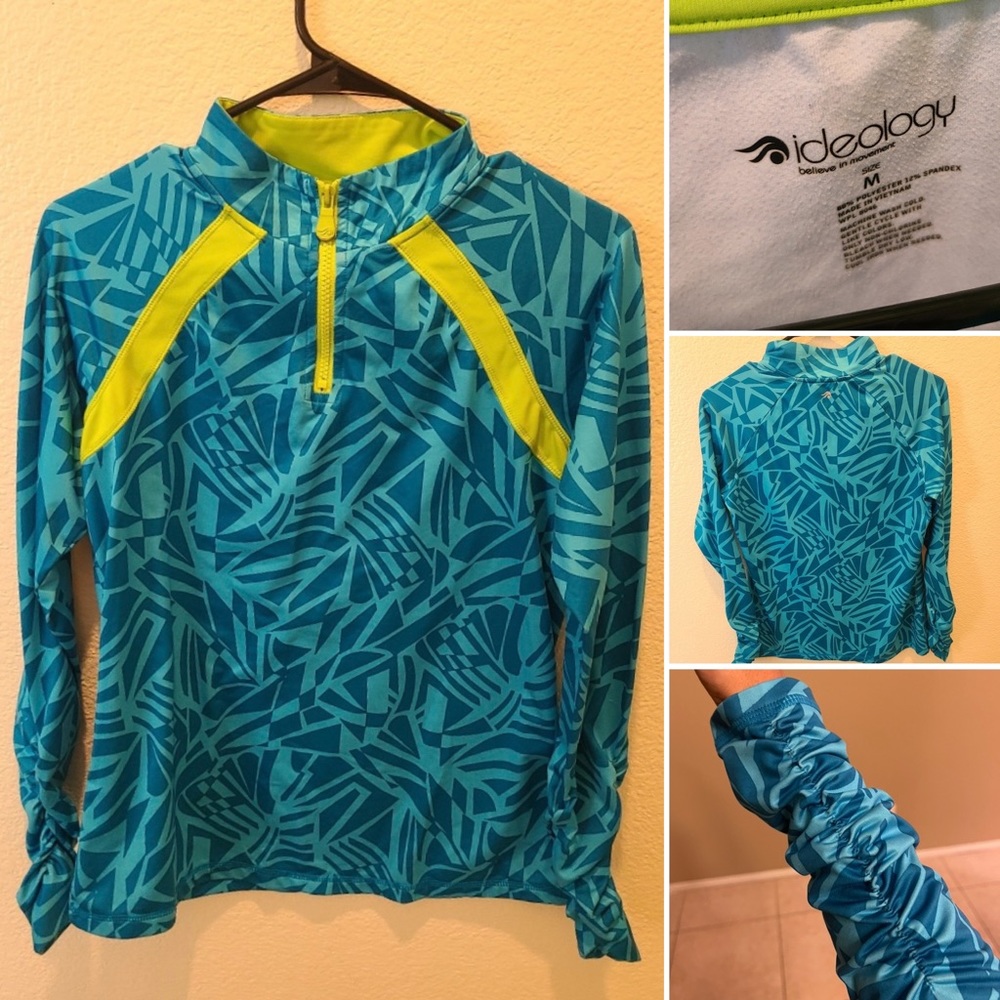 Ideology Half Zip Long Sleeve Performance Pullover Top Blue Green Size M.